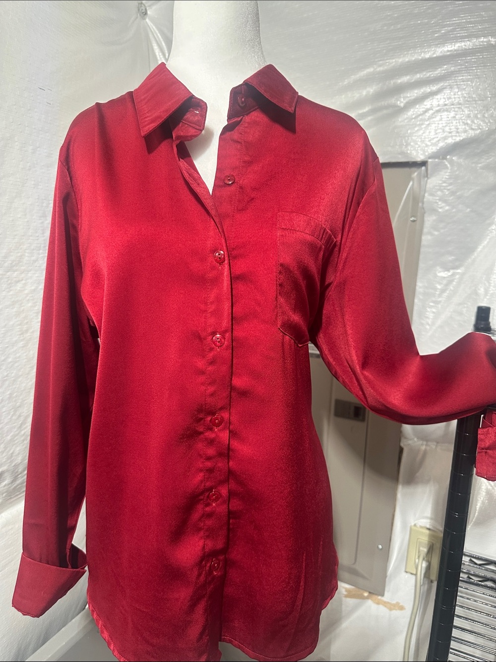 Women's Satin Button-Down Shirt in Red